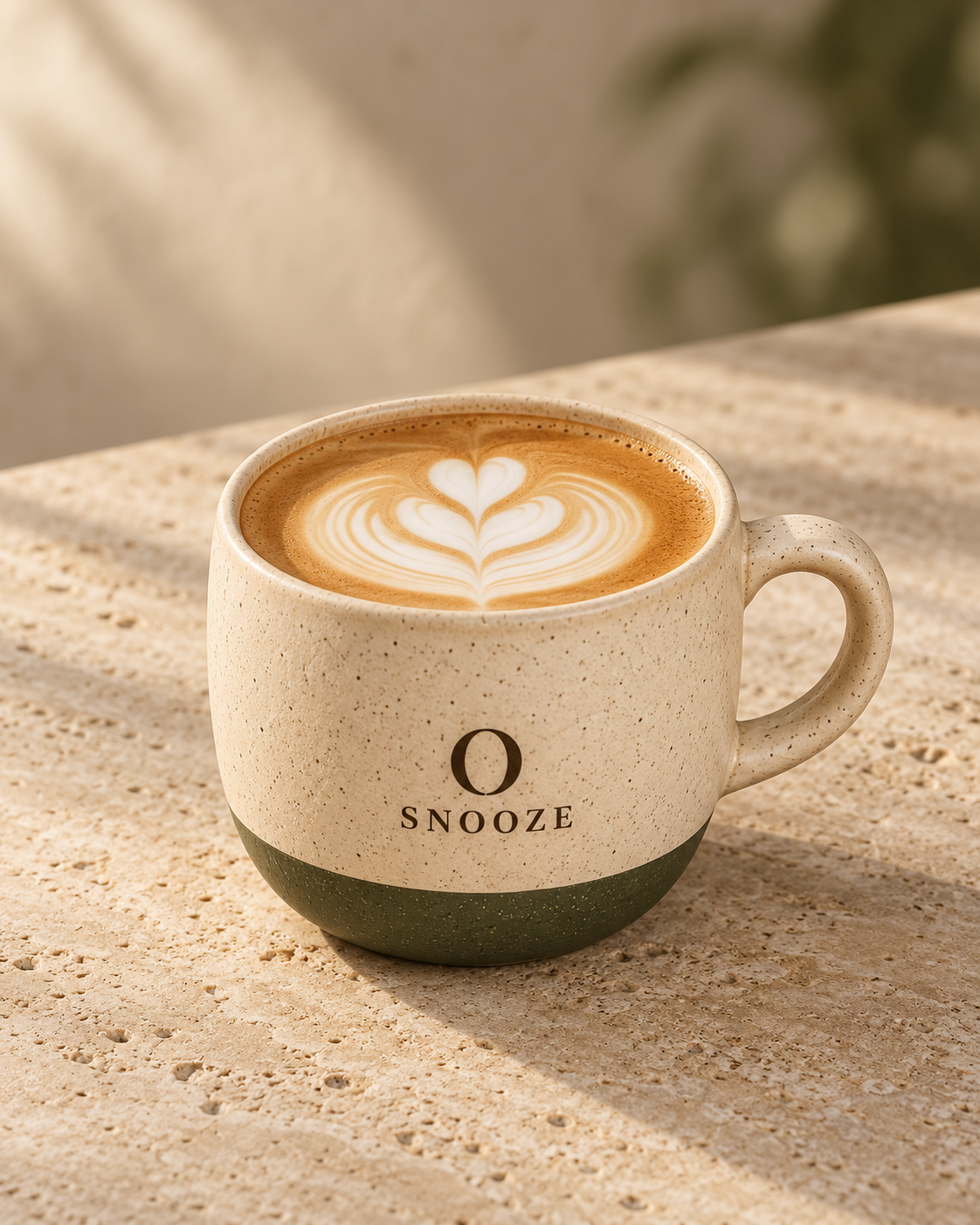 Traverten üzerinde Snooze logolu seramik porselen latte